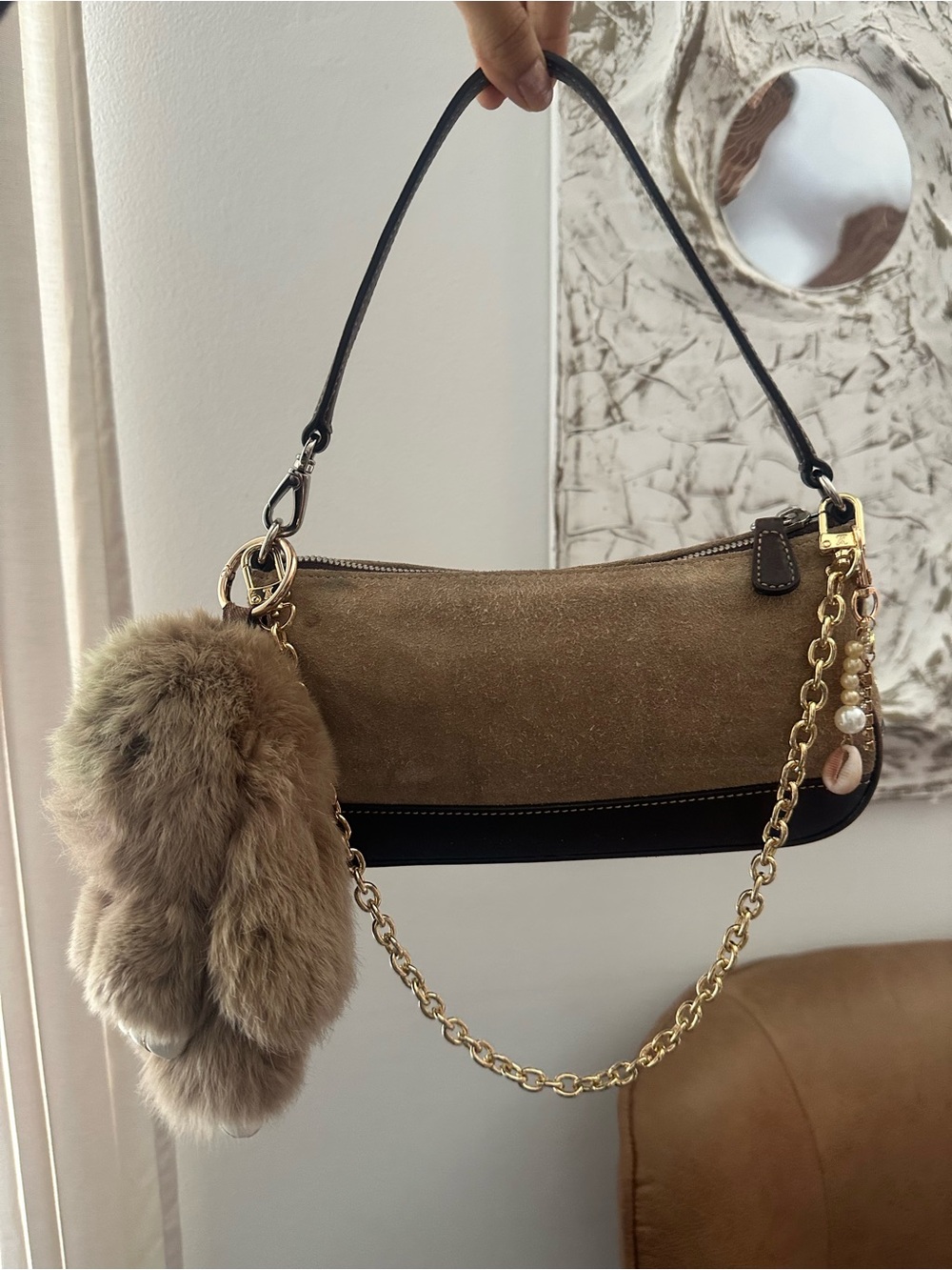 Coach Suede and Black Trim Shoulder Bag with Gold Chain